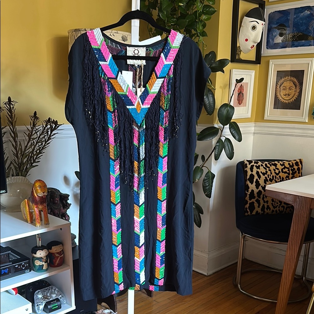 Colorful Embroidered Black Dress